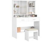 Coiffeuse Avec Miroir LED Réglable Et Prises - 8 Compartiments, 6 Crochets Bijoux, 3 Tiroirs, 2 Armoires, Blanc, Livraison En 2 Colis