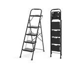 HOMCOM Escabeau Pliable 4 Marches XL Acier - Charge 150kg, Garde-Corps, Pochette Outils Blanc Noir